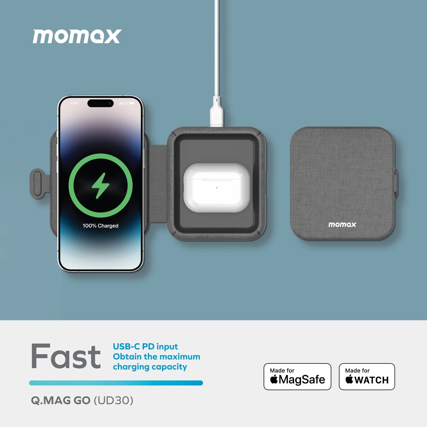 Momax Q.Mag Go 20W 2-in-1 Wireless Charger with MagSafe - شاحن لاسلكي موماكس كيو ماج جو 2 في 1 بقدرة 20 واط مع دعم MagSafe