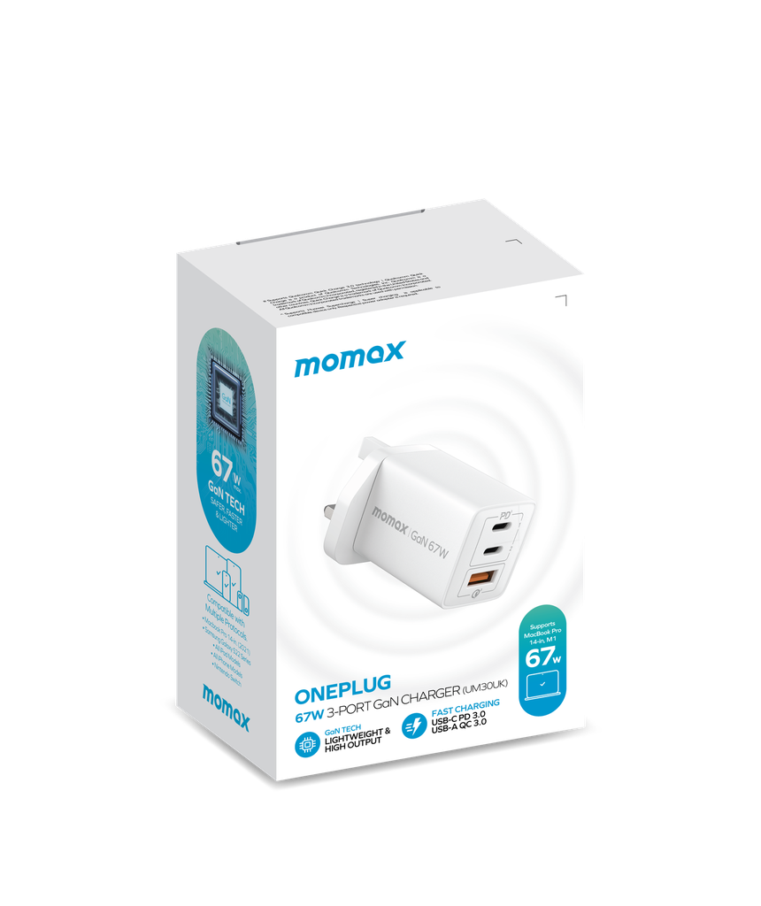 Momax ONEPLUG 67W 3-Port GaN Charger - شاحن موماكس ون بلاج بقدرة 67 واط, شاحن سريع ب3 منافذ