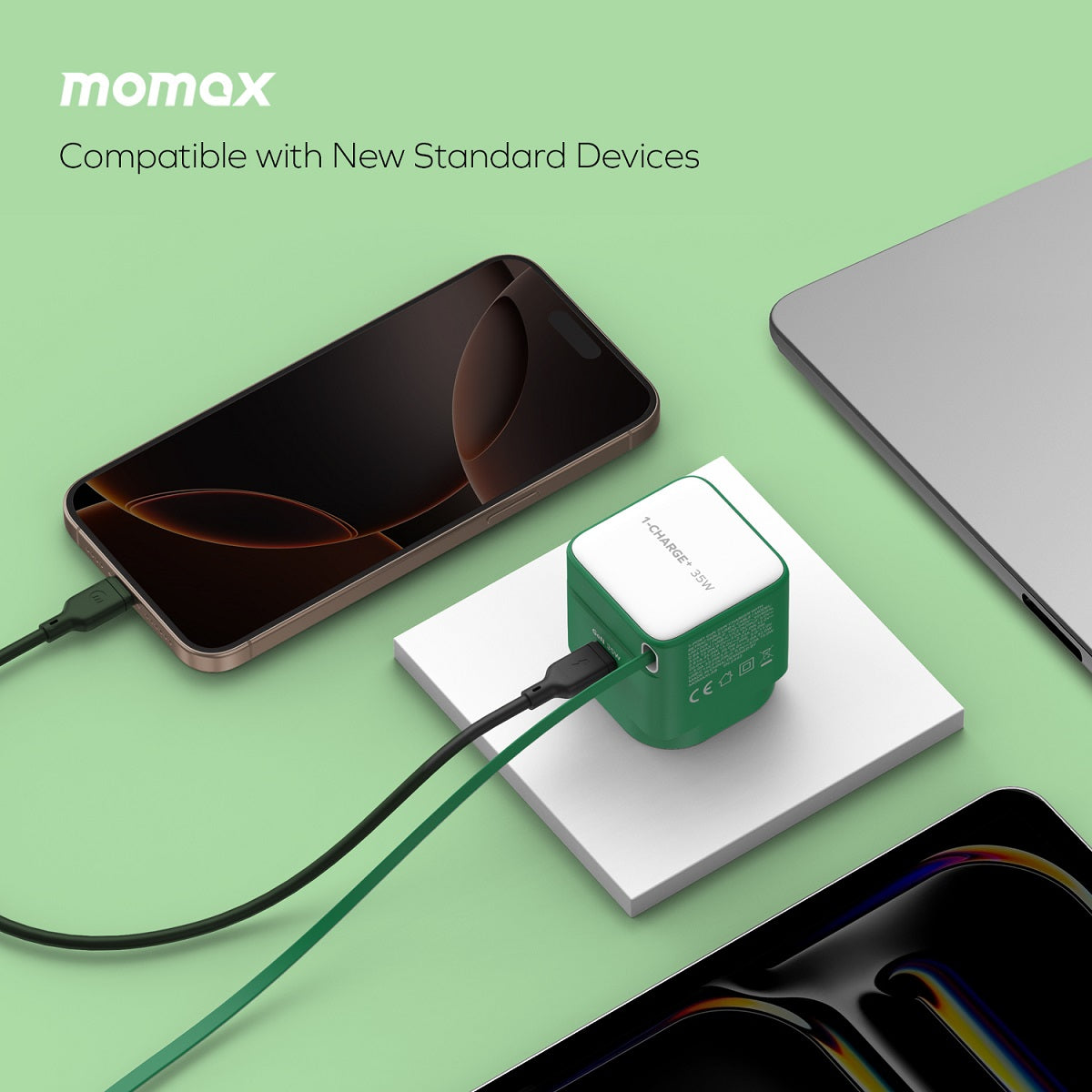 Momax CHARGE & Port 35W GaN Fast Charger with Retractable USB-C Cable - شاحن موماكس جارج & بورت بقدرة 35 واط – شاحن سريع مع كابل USB-C قابل للسحب ومنفذ إضافي