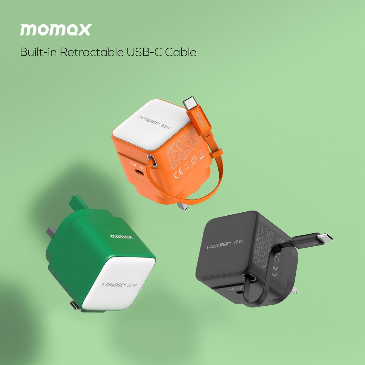 Momax CHARGE & Port 35W GaN Fast Charger with Retractable USB-C Cable - شاحن موماكس جارج & بورت بقدرة 35 واط – شاحن سريع مع كابل USB-C قابل للسحب ومنفذ إضافي