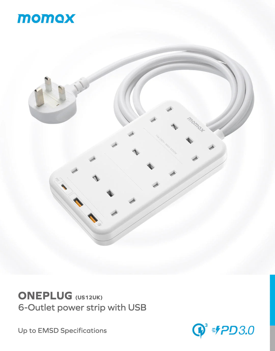 Momax ONEPLUG 6-Outlet Power Strip - مشترك كهربائي موماكس وان بلاج بـ6 منافذ طاقة