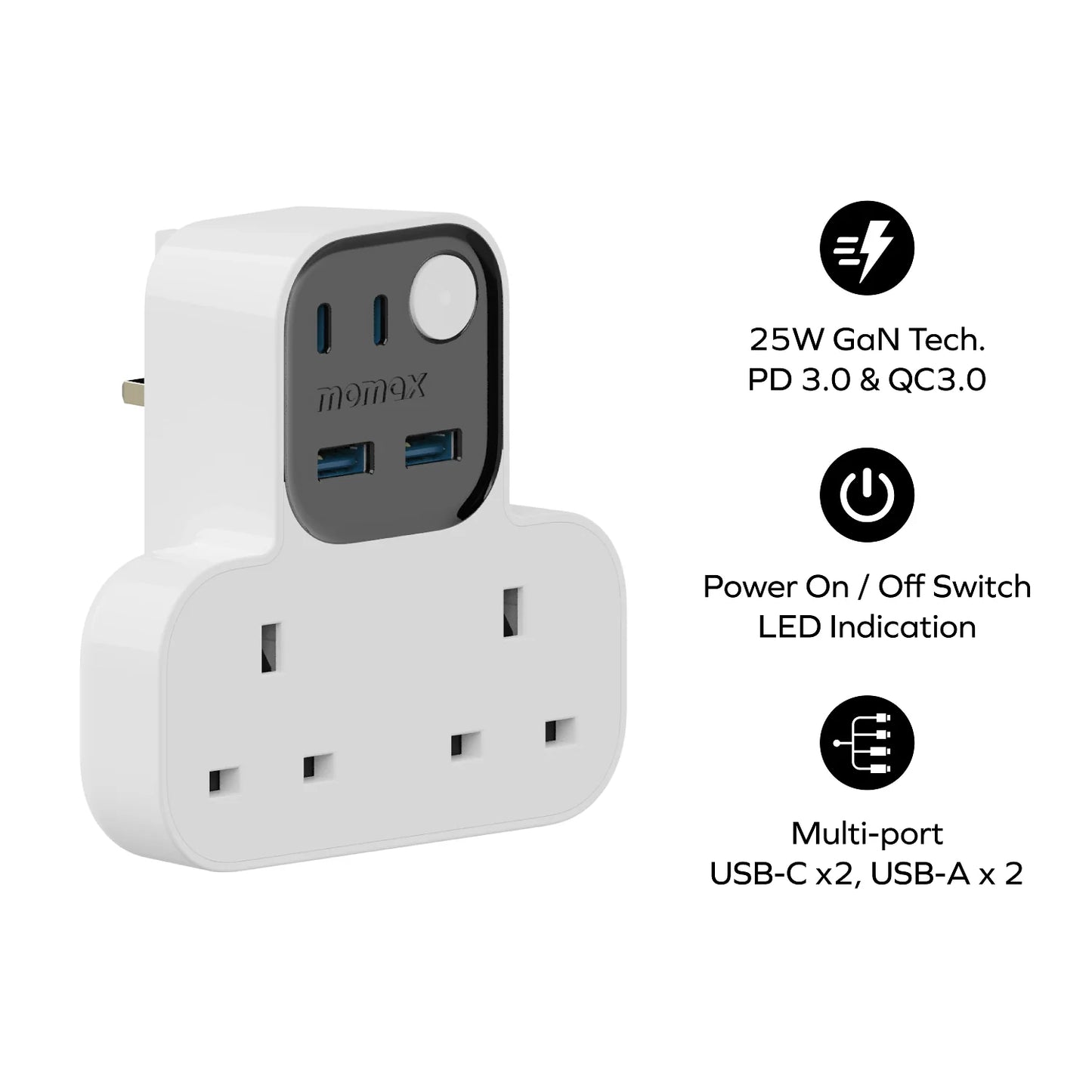 Momax Charge Work Flow T-Shaped Extension - مشترك موماكس جارج ورك فلو بشكل T مع منفذين و4 منافذ USB (2×USB-A و2×USB-C)