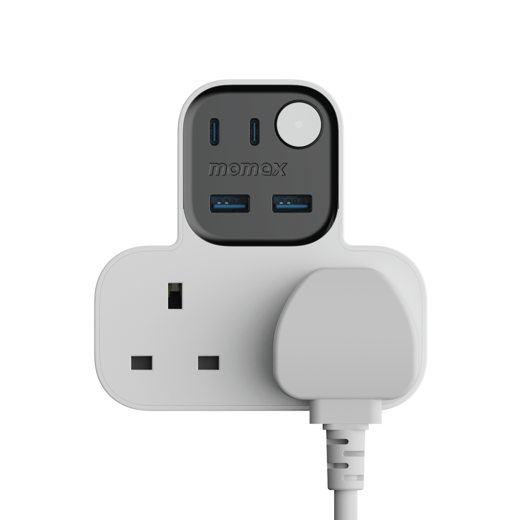 Momax Charge Work Flow T-Shaped Extension - مشترك موماكس جارج ورك فلو بشكل T مع منفذين و4 منافذ USB (2×USB-A و2×USB-C)