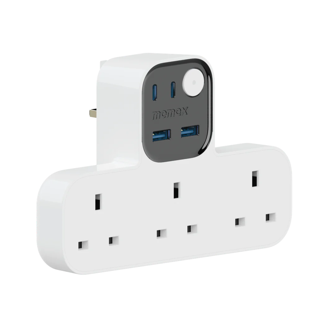Momax Charge Work Flow T-Shaped Extension Cord - مشترك موماكس جارج ورك فلو, 3مقابس كهربائية، 2 USB-A و2 USB-C