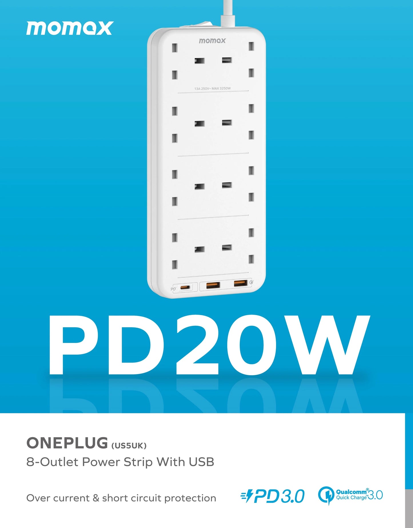 Momax ONEPLUG 8-Outlet Power Strip with USB Ports - مشترك كهربائي موماكس وان بلاج بـ8 منافذ طاقة ومنافذ USB