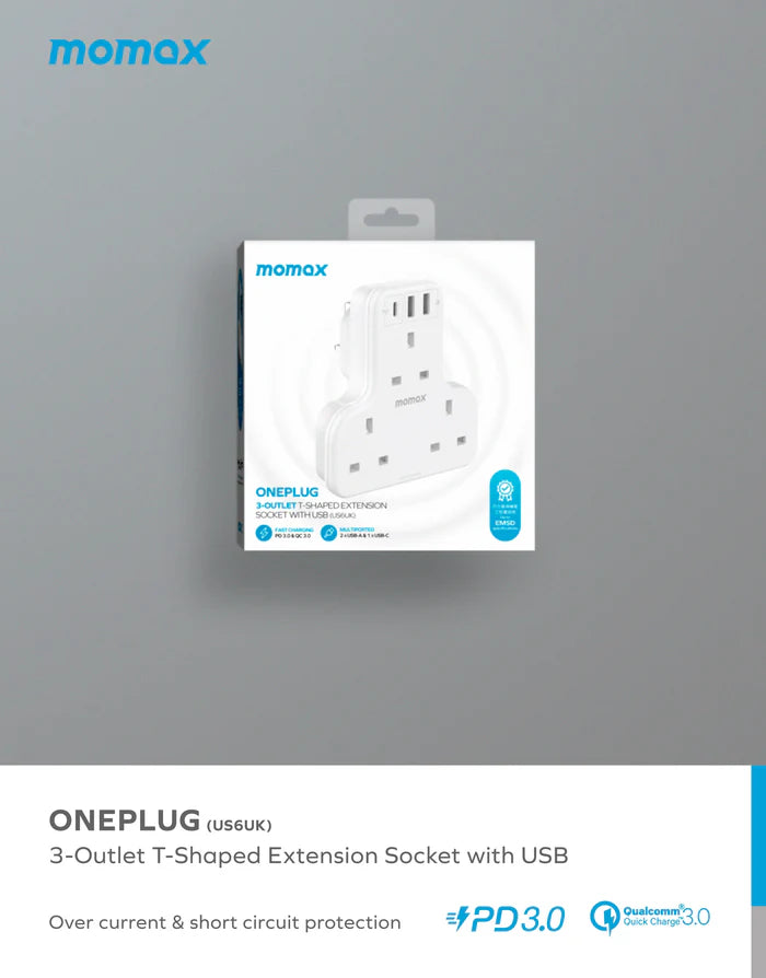 Momax ONEPLUG PD 20W 3-Outlet T-shaped Extension Socket With USB - مقبس تمديد ثلاثي الشكل مع منفذ يو اس بي ومخرج الطاقة بقوة 20 وات من موماكس