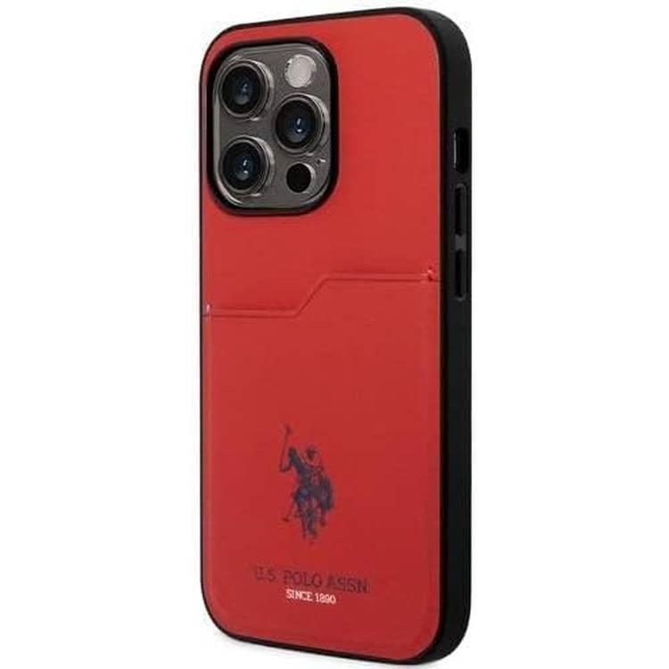 U.S. Polo Assn. PU Card Slot Hard Case for iPhone 15 Pro Max – Red | كفر يو اس بولو صلب بفتحة كارد لهاتف ايفون 15 برو ماكس - احمر