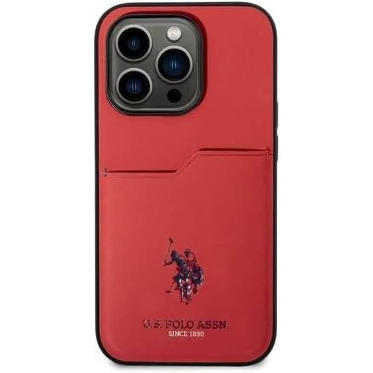 U.S. Polo Assn. PU Card Slot Hard Case for iPhone 15 Pro Max – Red | كفر يو اس بولو صلب بفتحة كارد لهاتف ايفون 15 برو ماكس - احمر