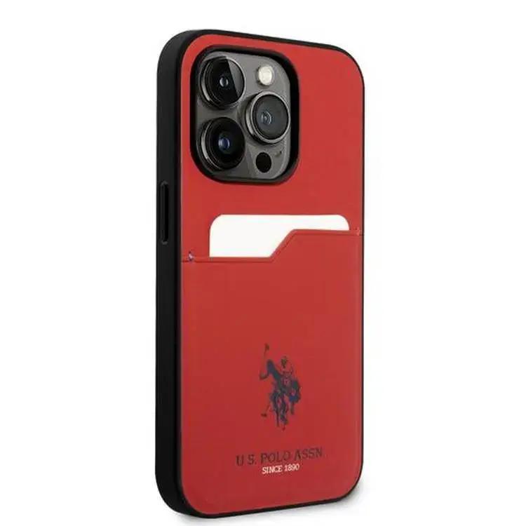 U.S. Polo Assn. PU Card Slot Hard Case for iPhone 15 Pro Max – Red | كفر يو اس بولو صلب بفتحة كارد لهاتف ايفون 15 برو ماكس - احمر