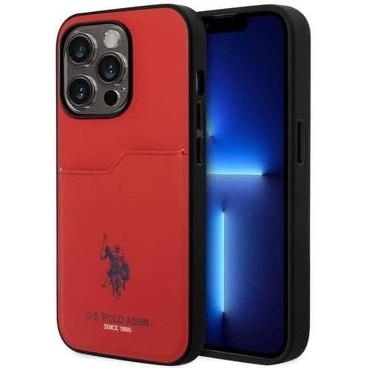 U.S. Polo Assn. PU Card Slot Hard Case for iPhone 15 Pro Max – Red | كفر يو اس بولو صلب بفتحة كارد لهاتف ايفون 15 برو ماكس - احمر