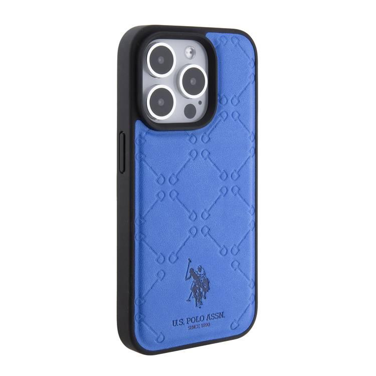 U.S. Polo Assn. PU Leather HS Pattern Case for iPhone 15 Pro Max – Blue | كفر يو اس بولو جلد بنقشة HS لهاتف ايفون 15 برو ماكس