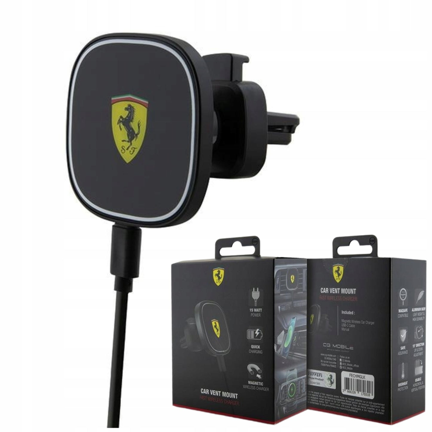Ferrari MagSafe Car Charger 15W – Fast Magnetic Wireless Charging | شاحن سيارة لاسلكي فيراري ماج سيف بقوة 15 واط