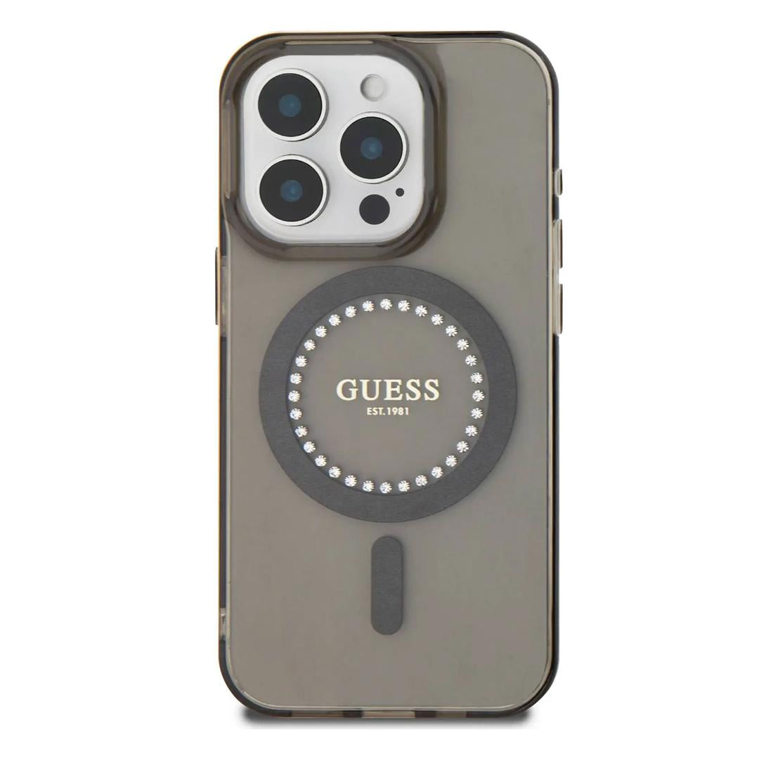 Guess MagSafe IML Hard Case with Rhinestones Design for iPhone 16 Pro | كفر GUESS صلب مع كريستالات وتوافق ماج سيف لهاتف ايفون 16 برو