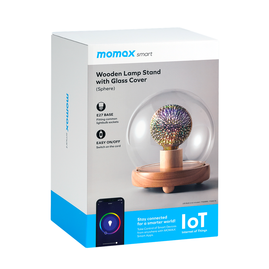 Momax Wooden Lamp Stand with Glass Cover - حامل مصباح خشبي موماكس مع غطاء زجاجي شفاف