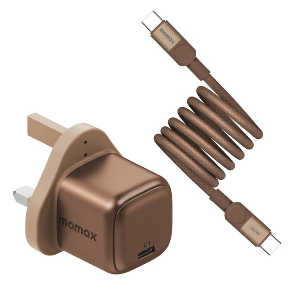 Momax Bundle Set: 30W USB‑C GaN Charger + 60W USB‑C Cable - مجموعة موماكس : شاحن يدعم شحن سريع 30 واط + كيبل USB‑C يدعم شحن سريع 60 واط