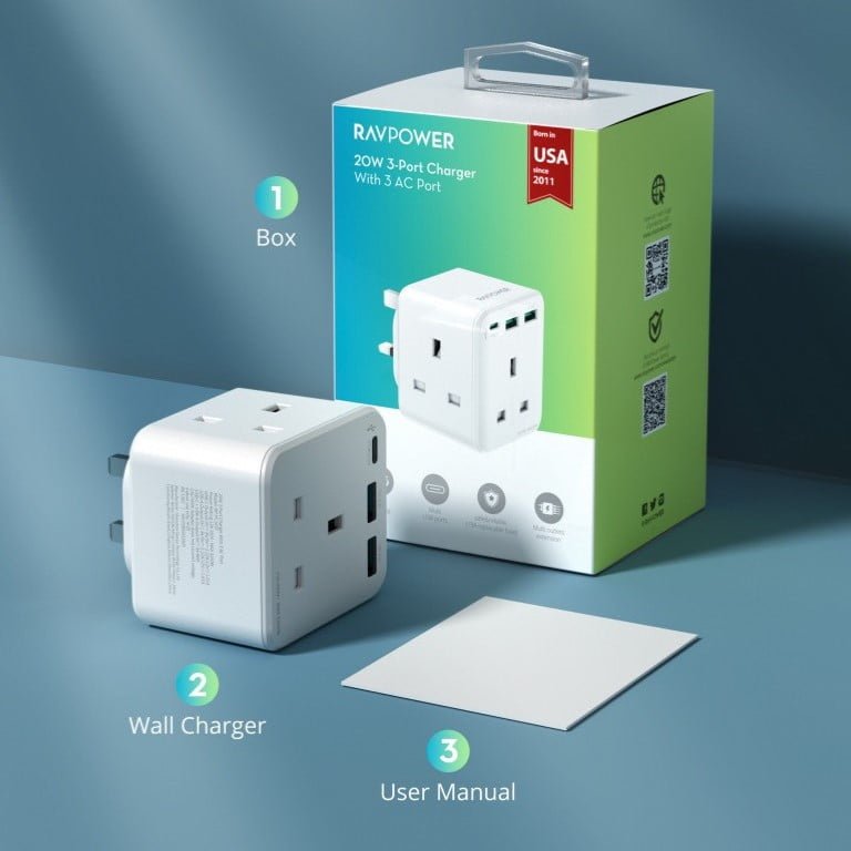 شاحن راف باور 20 واط 3 منافذ مع 3 منافذ تيار متردد - Ravpower 20w 3-Port charger with 3 AC port