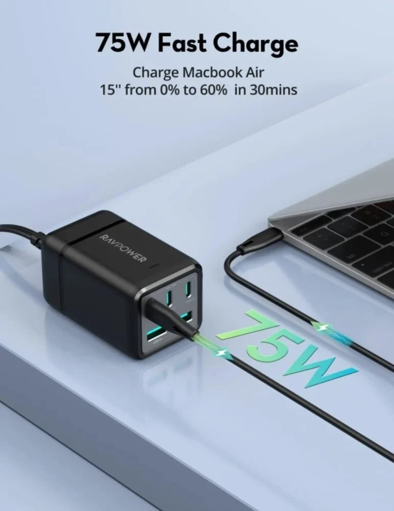 RAVPower RP-PC1045 75W GaN 5-Port Desktop Charger – شاحن مكتبي راف باور 75 واط، 5 منافذ، تقنية GaN،
