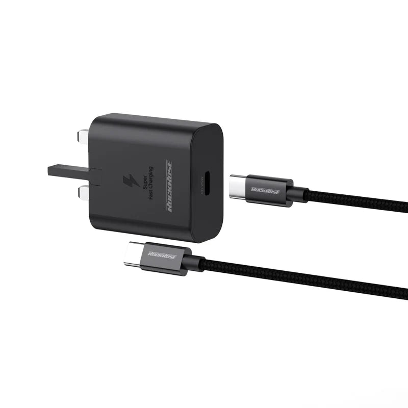 روك روز شاحن جداري يو اس بي سي 25 واط بي دي مع كيبل يو اس بي-سي - Rockrose Charger Wall USB-C 25W PD (UK) With USB-C Cable