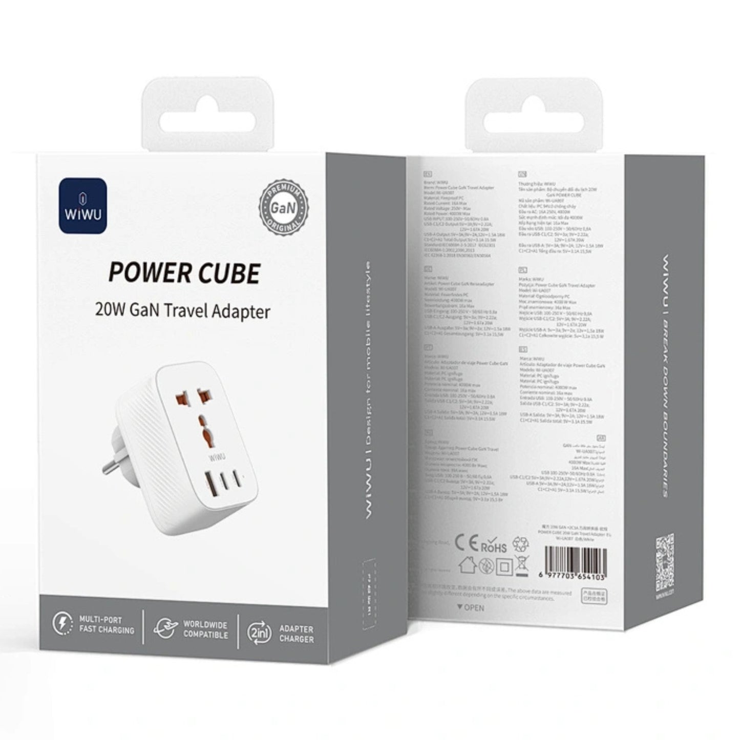 محول سفر ويوو باور كيوب بقدرة شحن 20 واط وبمنفذين تايب سي ومنفذ يو اس بي اي | WiWU 20W Power Cube GaN Travel Adapter 1A+2C+1 Socket – UK