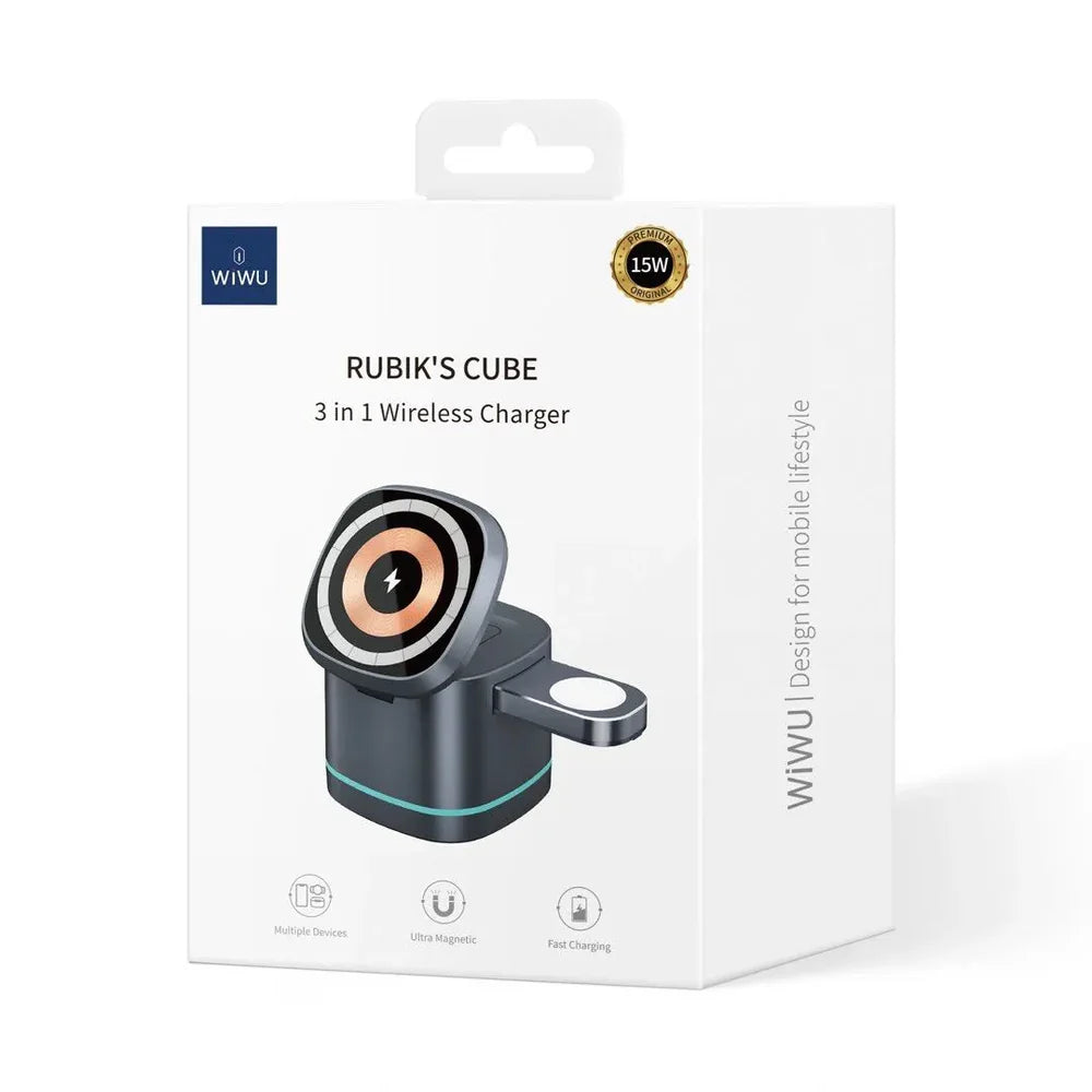 شاحن ويوو 3 في 1 لاسلكي للهاتف والسماعة والساعة | WiWU RUBIK’S CUBE 3 in 1 Wireless Charger