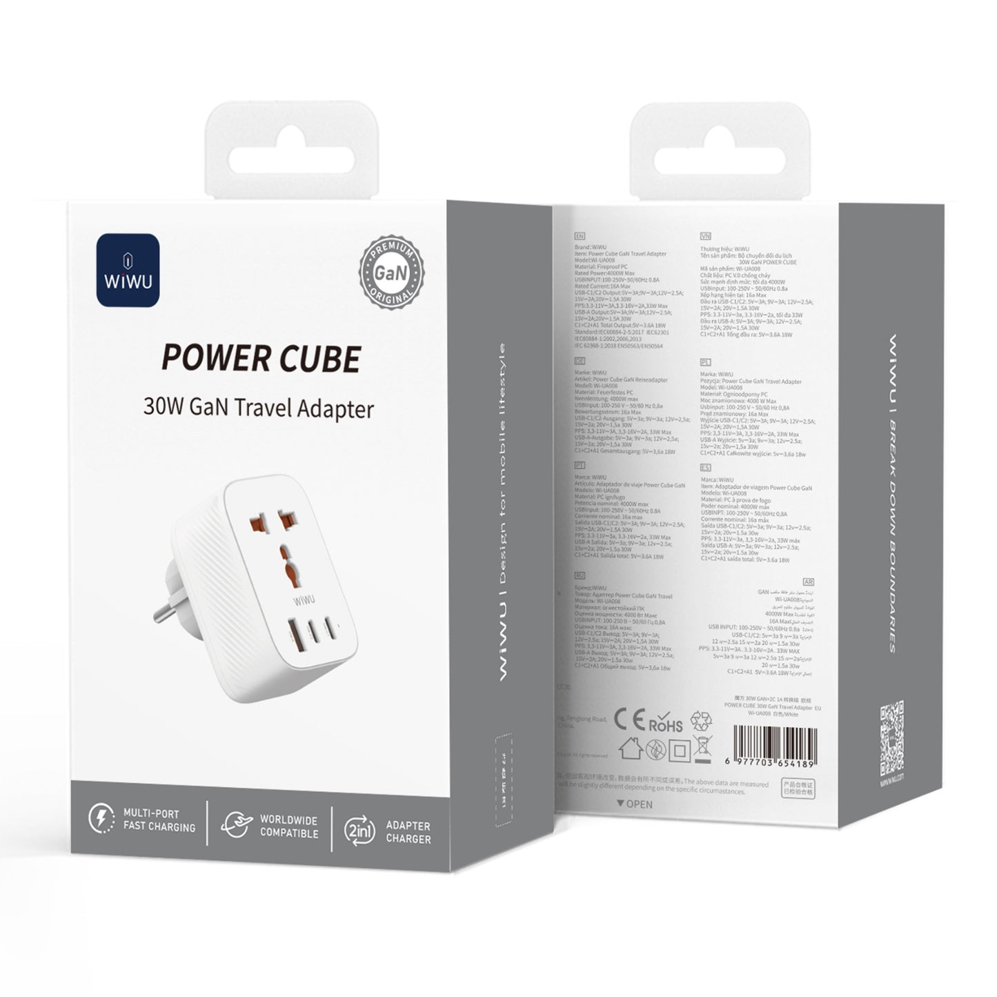 محول سفر ويوو باور كيوب بقدرة شحن 30 واط بمنفذين تايب سي ومنفذ يو اس بي اي | WiWU Wi-UA008 30W Power Cube GaN Travel Adapter 2C1A+1 Socket – UK