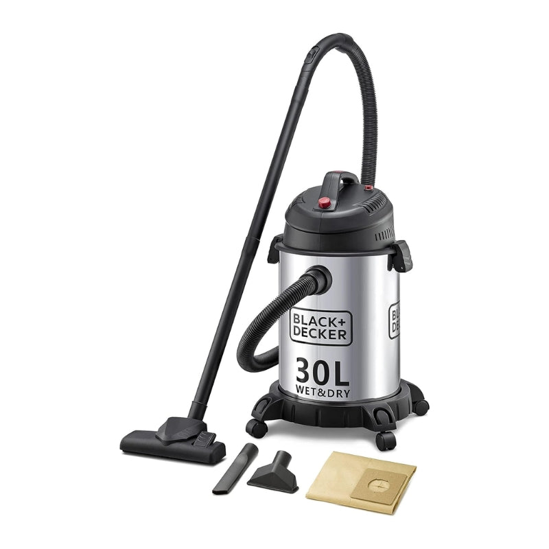 Black+Decker 30L Stainless Steel Cylinder Vacuum Cleaner with Wet and Dry Tank 1610W -مكنسة أسطوانة بلاك آند ديكر 30 لتر ستانلس ستيل للأرضيات الرطبة والجافة