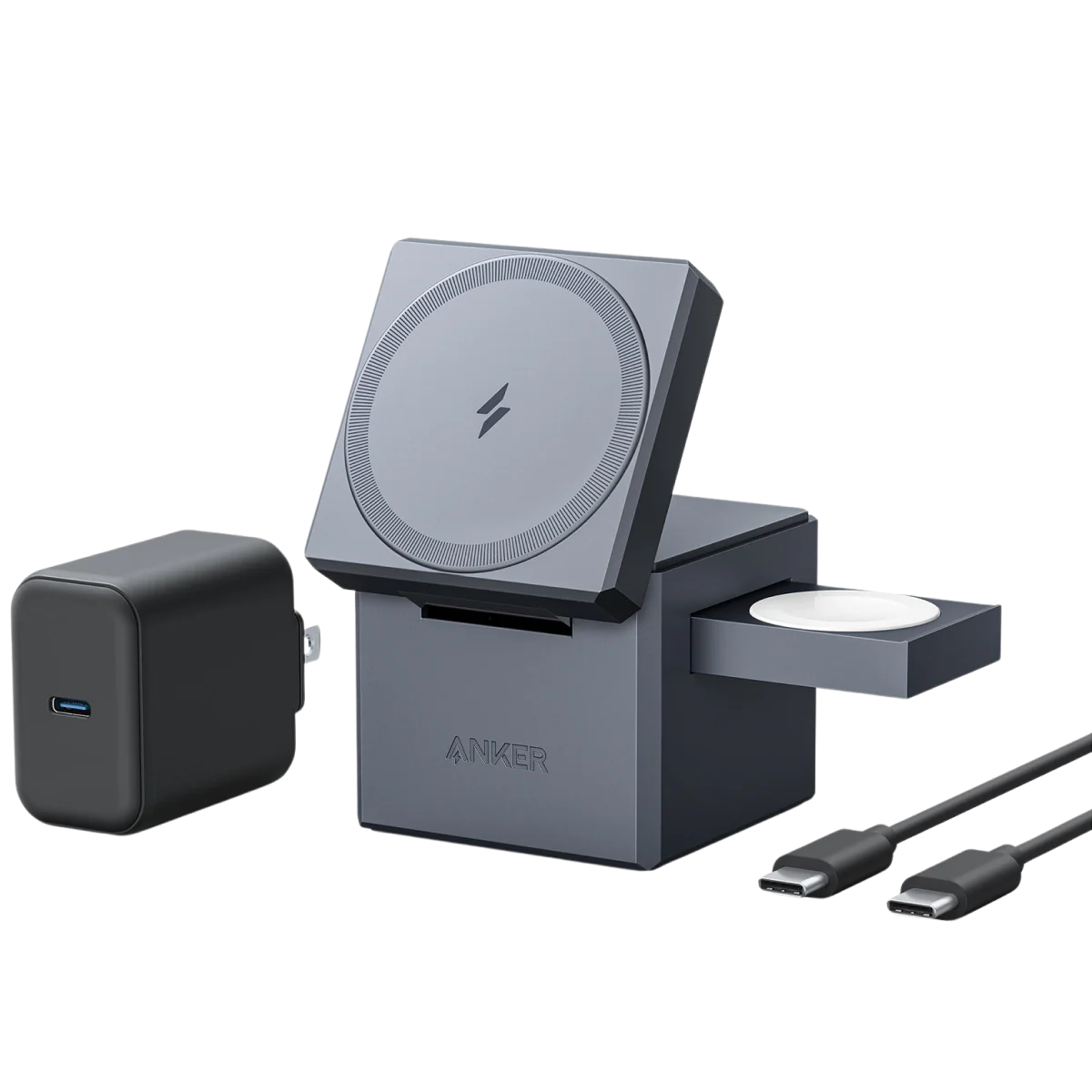 Anker 3 in 1 Cube Compatible with MagSafe 15W Fast Charging Foldable Wireless Charge Station for Apple Watch - محطة الشحن اللاسلكية المتوافقة مع ماجسيف 3 في 1 بقدرة 15 واط من أنكر للشحن السريع تتيح شحن الساعة الذكية من آبل