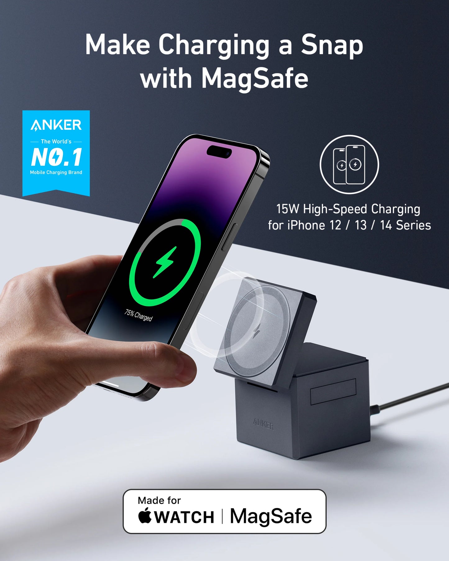 مكعب انكر 3 في 1 مع ماج سيف, شاحن لاسلكي فائق السرعة 15 واط للايفون | Anker 3-in-1 Cube with MagSafe, 15W Ultra-Fast Wireless Charger for iPhone