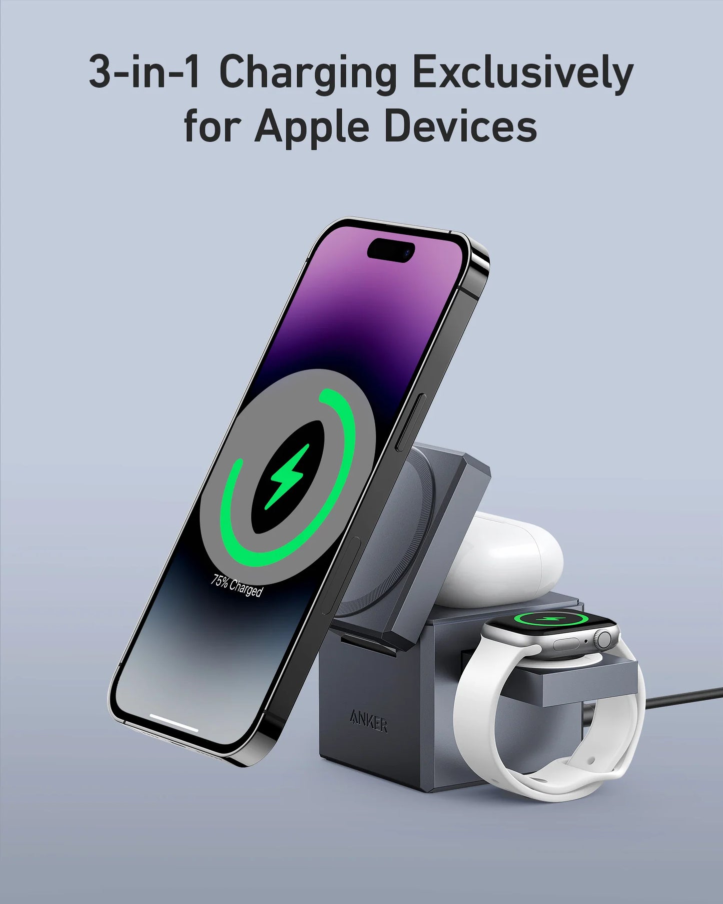 مكعب انكر 3 في 1 مع ماج سيف, شاحن لاسلكي فائق السرعة 15 واط للايفون | Anker 3-in-1 Cube with MagSafe, 15W Ultra-Fast Wireless Charger for iPhone