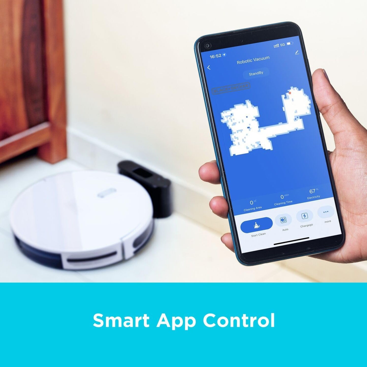 Black+Decker Robotic Vacuum Cleaner and Mop, Support Alexa, 2150Pa Strong Suction Power -مكنسة روبوتية وممسحة بلاك اند ديكر مع دعم الأليكسا، قوة شفط 2150 باسكال