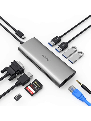 WiWU Alpha 11 in 1 USB C Hub All in One Internet 4K for Macbook Laptop Type C Docking Station - محول وصل ويوو الفا 11 في 1 يو اس بي سي متعدد المنافذ