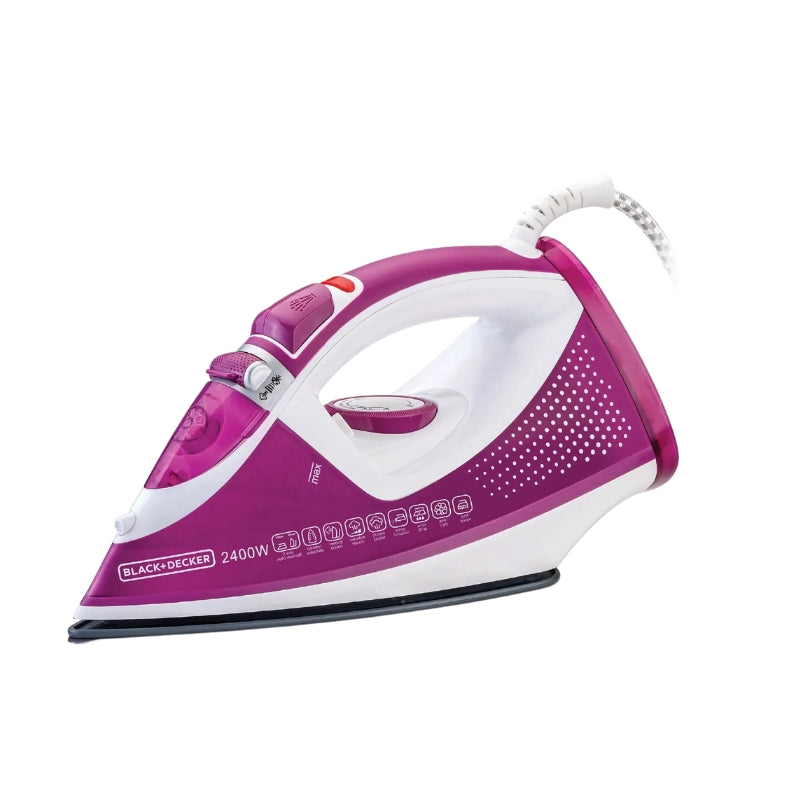 مكواة بخار بلاك اند ديكر 2400 واط مع إيقاف التشغيل التلقائي وقاعدة سيراميك أرجوانية - Black+Decker 2400W Steam Iron with Auto Shut-Off and Magenta Ceramic Soleplate