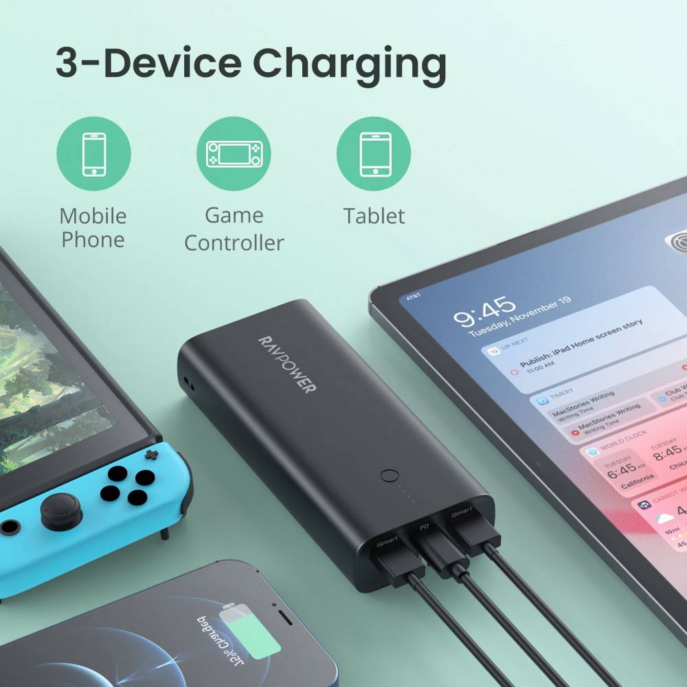 باور بانك راف باور مع محول بسعة 10000 مللي أمبير 2 منافذ يو اس بي و يو اس بي سي - RAVPower Power Bank with 2 in 1 Adapter 10000mAh 2 USB + USB-C