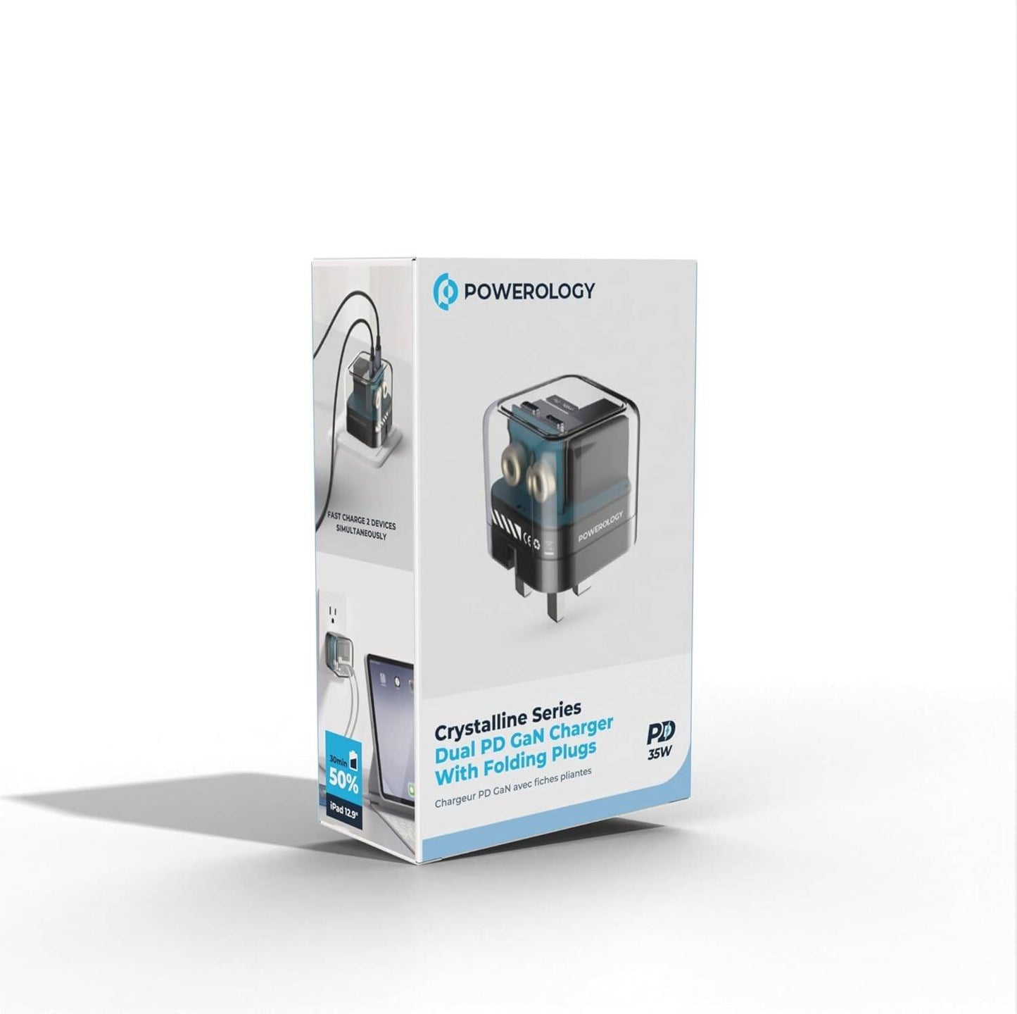 شاحن باورولوجي كريستالين 35 واط بمنفذين يو اس بي سي وتصميم شفاف | Powerology Crystalline Series 35W PD Dual USB-C Wall Charger.