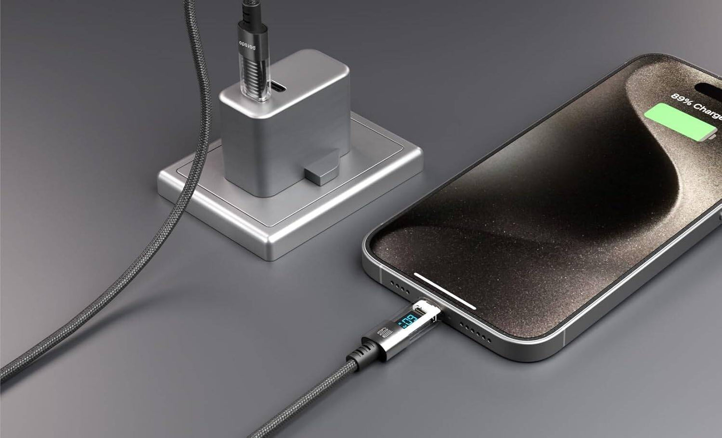 كيبل بورودو مضفر يو اس بي سي الى يو اس بي سي بقدرة شحن 60 واط مع شاشة عرض, بطول 1.2 متر - اسود | Porodo 60W Type-C to Type-C Braided Cable with PD Display 1.2M – Black