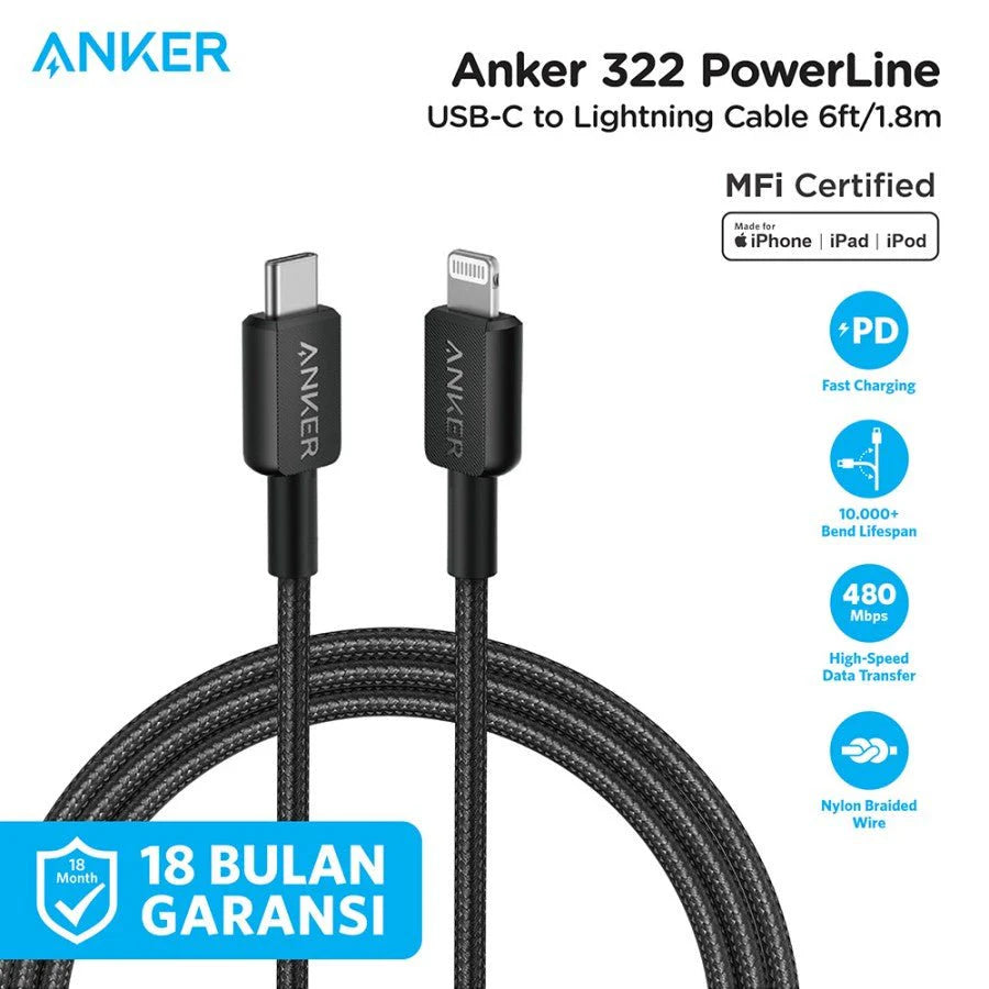 Anker 322 USB-C to Lightning Connector Braided Cable 3ft - كيبل مضفر يو اس بي سي الى لايتننغ من أنكر