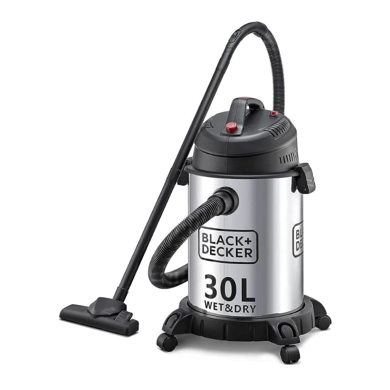 Black+Decker 30L Stainless Steel Cylinder Vacuum Cleaner with Wet and Dry Tank 1610W -مكنسة أسطوانة بلاك آند ديكر 30 لتر ستانلس ستيل للأرضيات الرطبة والجافة