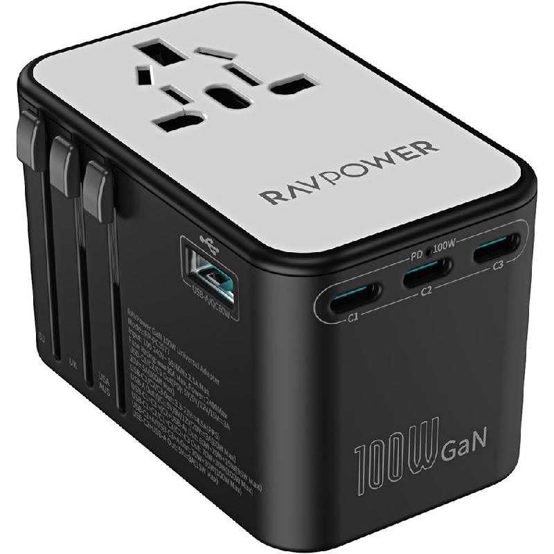 RAVPower 5-in-1 Travel Charger 100W PD GaN 5.0 Universal Power Adapter - شاحن السفر العالمي راف باور 5 في 1 – قدرة 100 واط PD وتقنية GaN 5.0