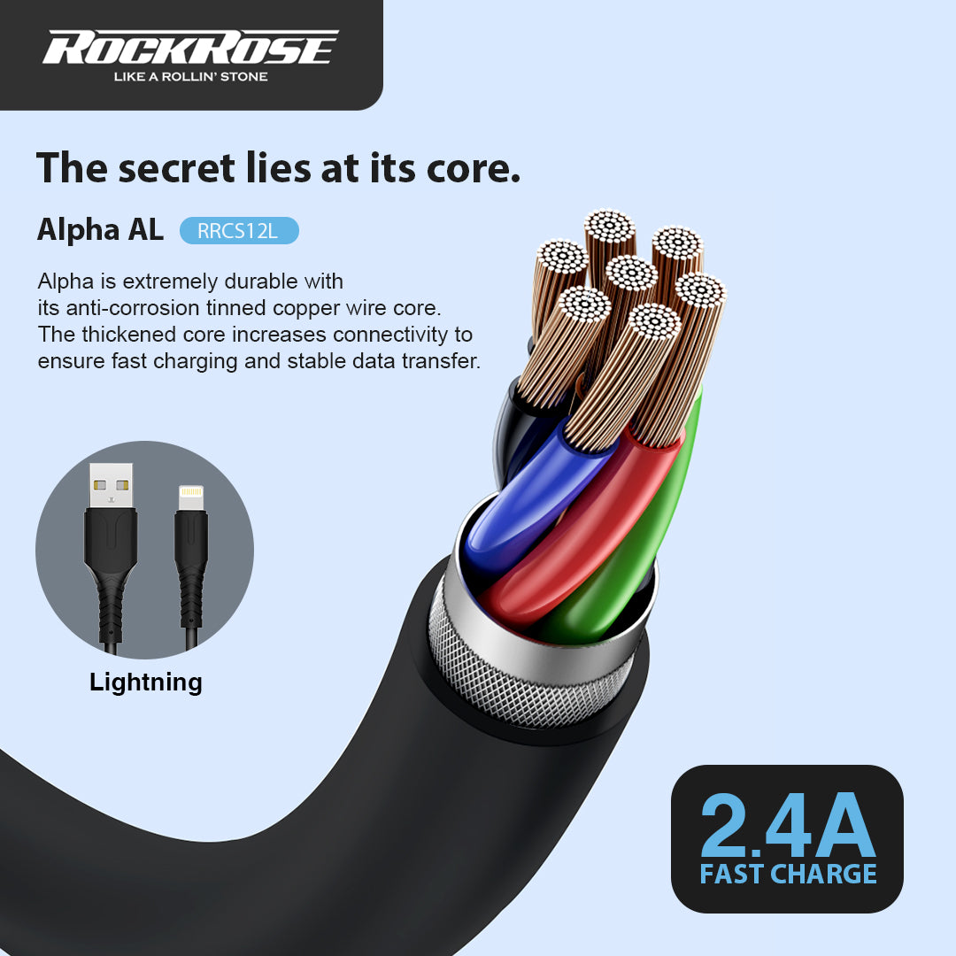 RockRose Alpha AL 1M Lightning To USB Fast Charge & Sync Cable - روك روز ألفا أي أل كابل للشحن السريع المزامنة بطول 1 متر يو اس بي الى لايتنينج