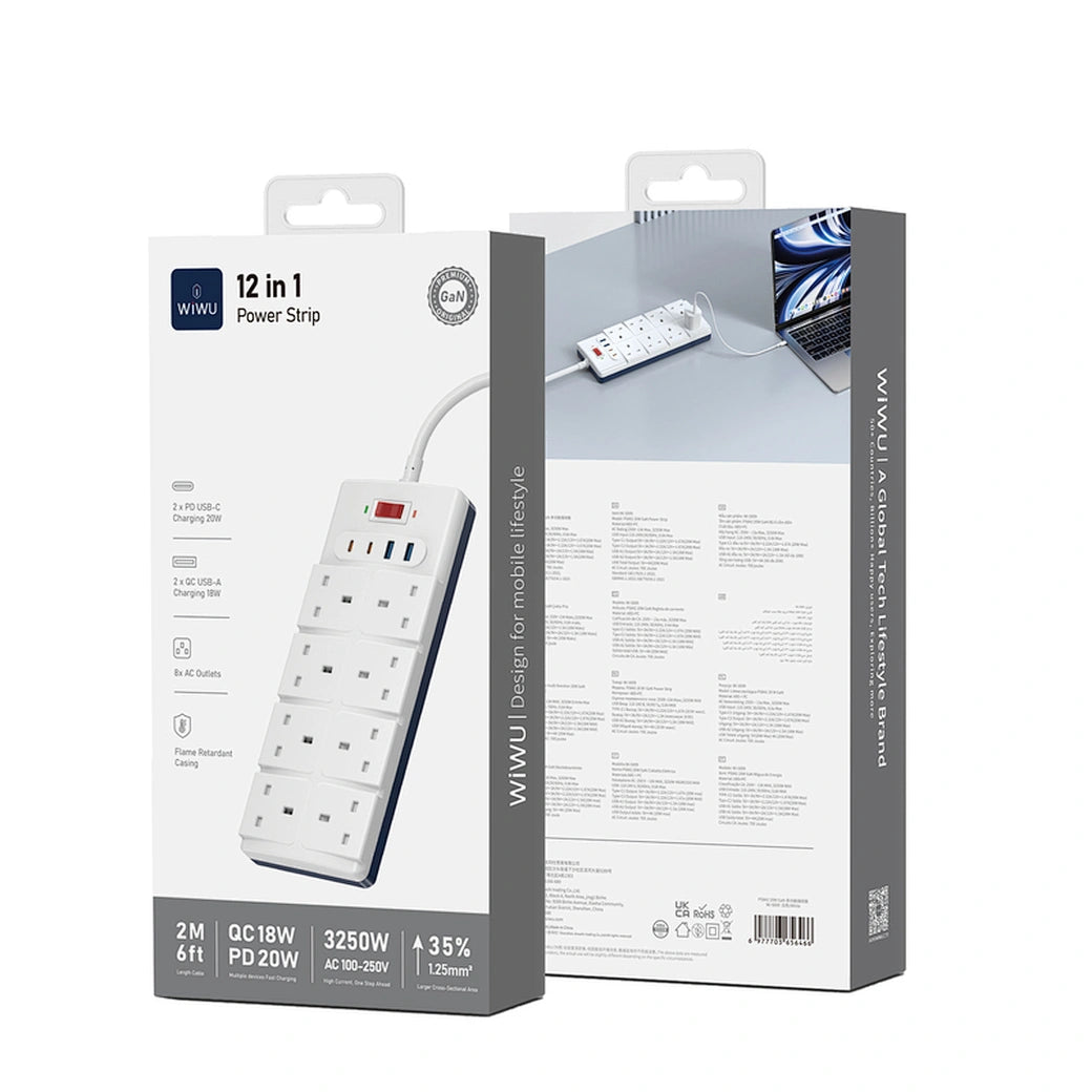 وصلة كهربائية ويوو 12 في 1 مع منفذين تايب سي بقدرة شحن 20 واط وكيبل بطول 2 متر - ابيض | WiWU Wi-S009 PS842 20W GaN 12 in 1 Desktop Power Strip – 2m Cable - White