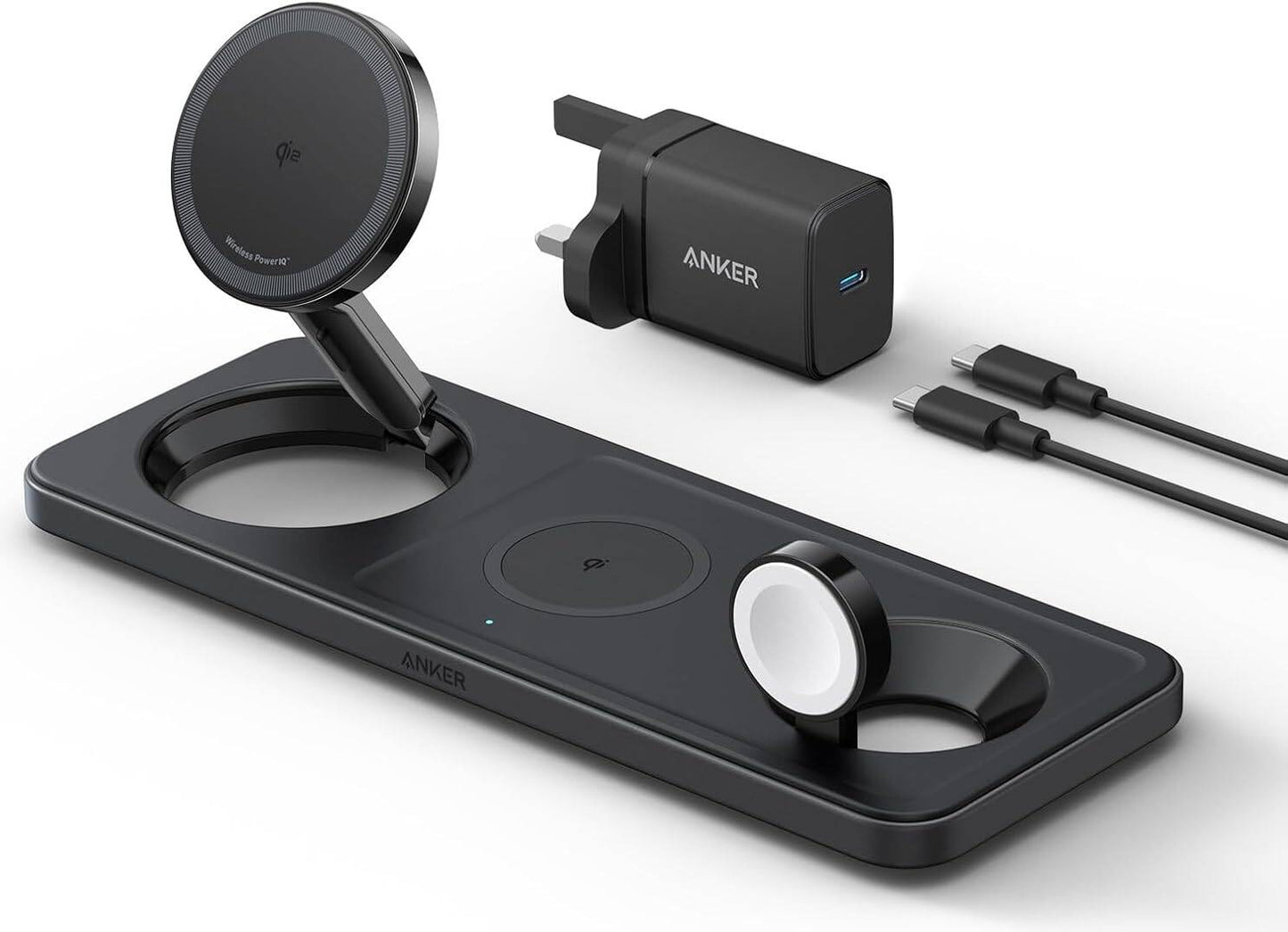 شاحن انكر ماج جو اللاسلكي 3 في 1, قاعدة شحن 15 واط معتمد QI2 للايفون | Anker MagGo Wireless Charging Pad 3-in-1, Qi2 Certified 15W Charger for iPhone