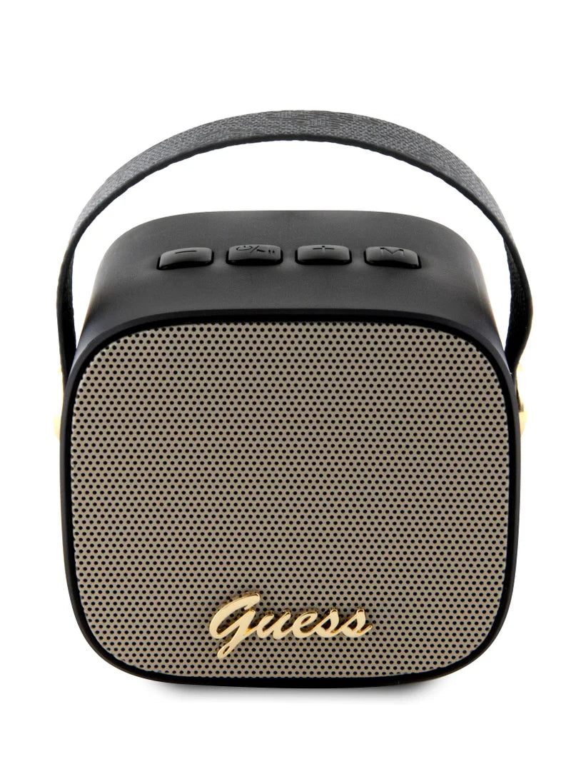 Guess Wireless Speaker with Handle 5W PU 4G Leather Script Logo | سماعة بلوتوث GUESS محمولة بقوة 5 واط, تصميم جلد 4 جي مع حامل يد