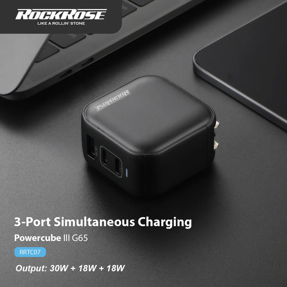 Rockrose Powercube 65W 3 Port Gan Travel Charger Black - شاحن جداري بثلاث منافذ بقدرة 65 واط من روك روز