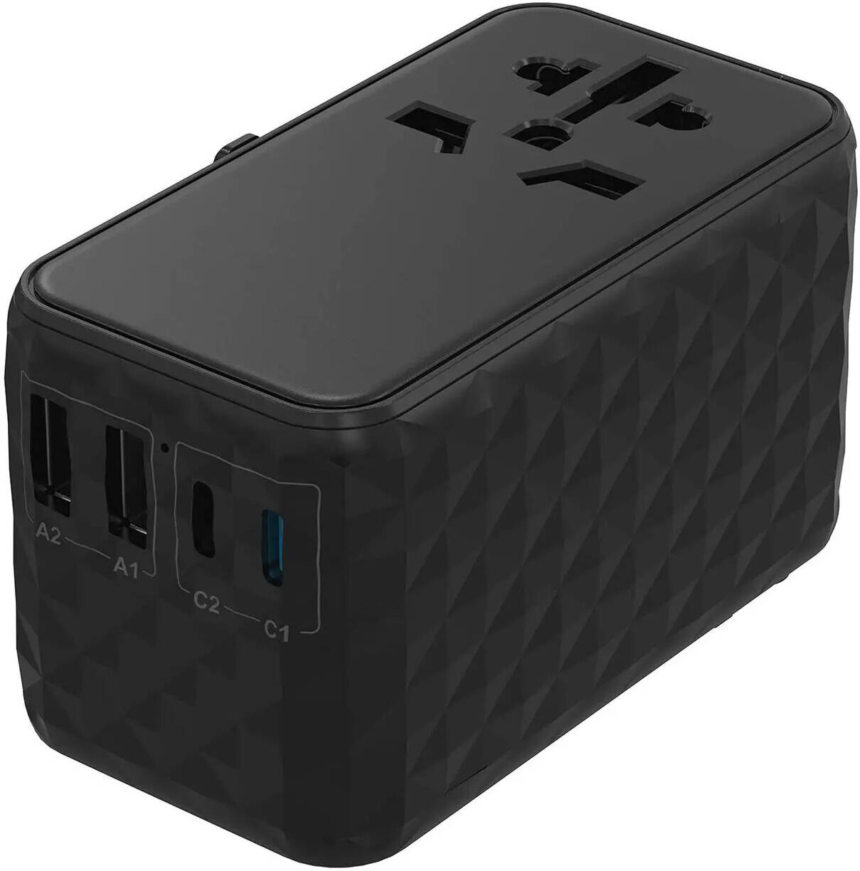 محول سفر عالمي 140 واط من باورولوجي, منفذين يو اس بي سي ومنفذين يو اس بي اي بقدرة 18 واط - اسود | Powerology Universal Adapter 140W X2 Type-C Port and X2 USB-A 15W Port - Black