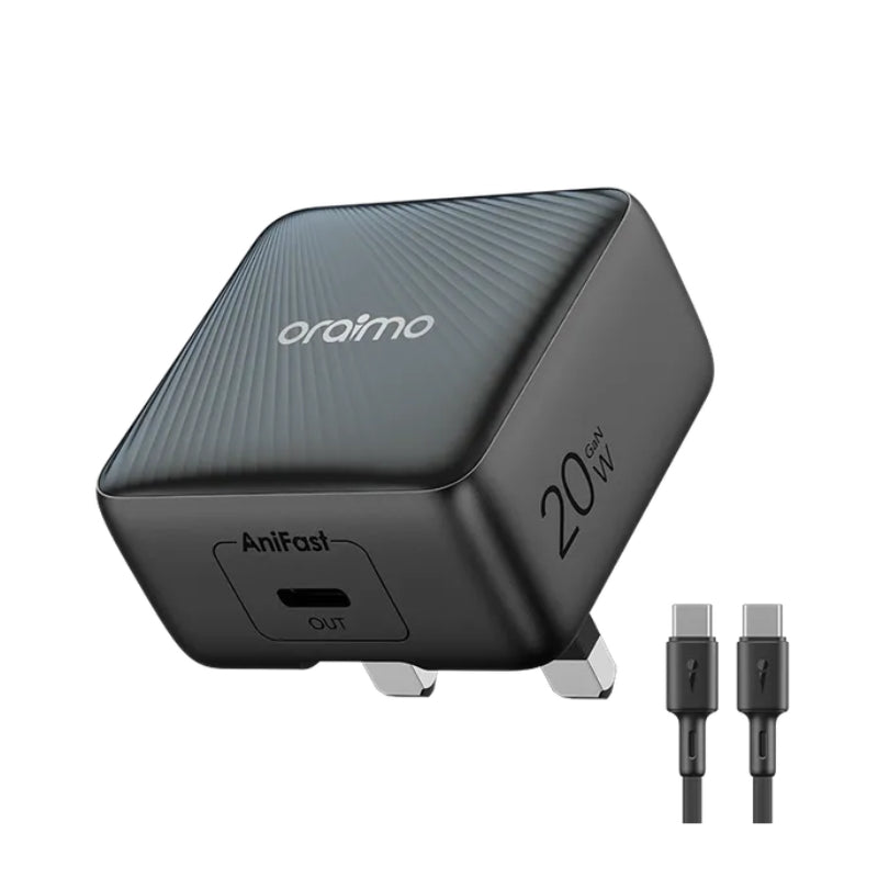 Oraimo Charger kit UK OCW-5201U+CC54 V1 Black - شاحن أورايمو سريع 20 واط مع كيبل – أسود