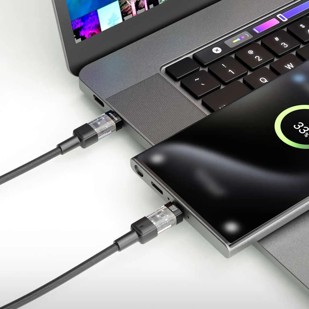 كيبل بورودو مضفر يو اس بي سي الى يو اس بي سي بطول 1.2 متر وشحن سريع بقدرة 100 واط - اسود | Porodo Braided 100W PD USB-C to USB-C Fast Charging Cable with Transparent Head 1.2M – Black