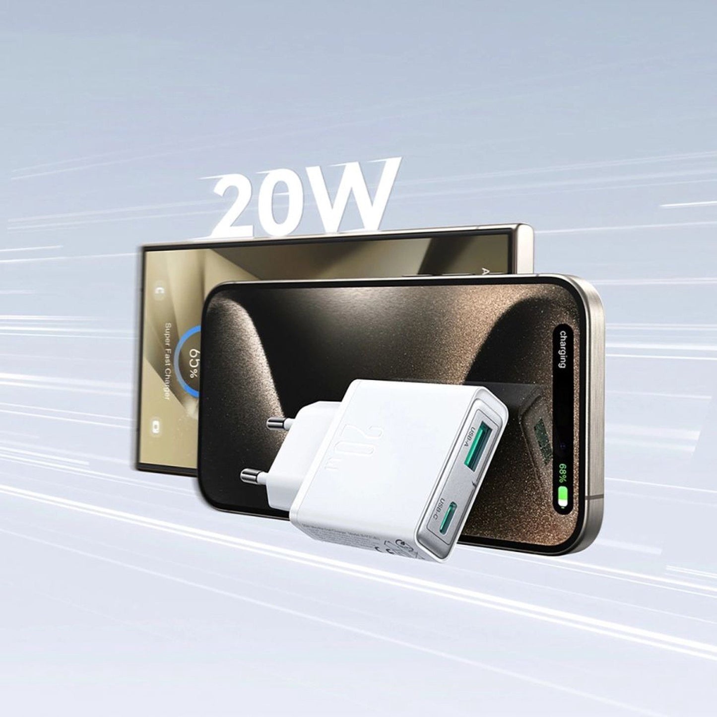 شاحن جويرووم JR-TCF14 فائق النحافة بمنفذي يو اس بي سي ويو اس بي اي وبقدرة شحن 20 واط - ابيض | JOYROOM JR-TCF14 20W A+C Super Slim Charger – White