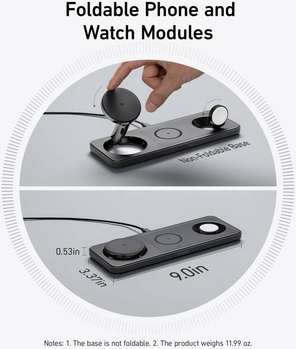 شاحن انكر ماج جو اللاسلكي 3 في 1, قاعدة شحن 15 واط معتمد QI2 للايفون | Anker MagGo Wireless Charging Pad 3-in-1, Qi2 Certified 15W Charger for iPhone