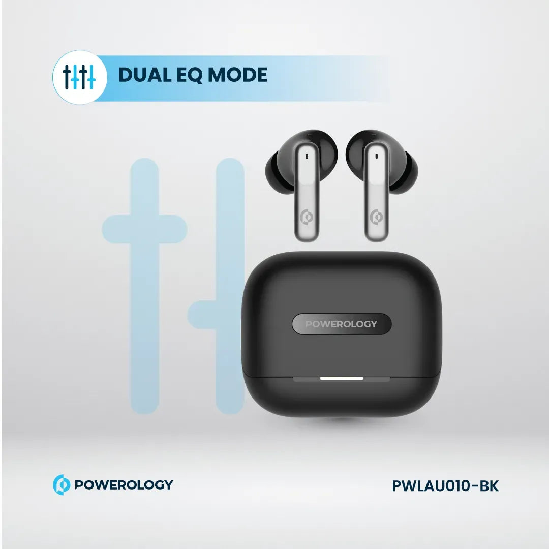 سماعات باورولوجي اللاسلكية ANC+ENC مع 6 مايكروفونات, تشغيل حتى 6 ساعات | Powerology Hybrid ANC+ENC 6Mic True Wireless Earbuds – 6H Playtime.