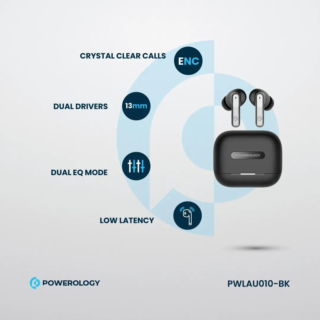 سماعات باورولوجي اللاسلكية ANC+ENC مع 6 مايكروفونات, تشغيل حتى 6 ساعات | Powerology Hybrid ANC+ENC 6Mic True Wireless Earbuds – 6H Playtime.